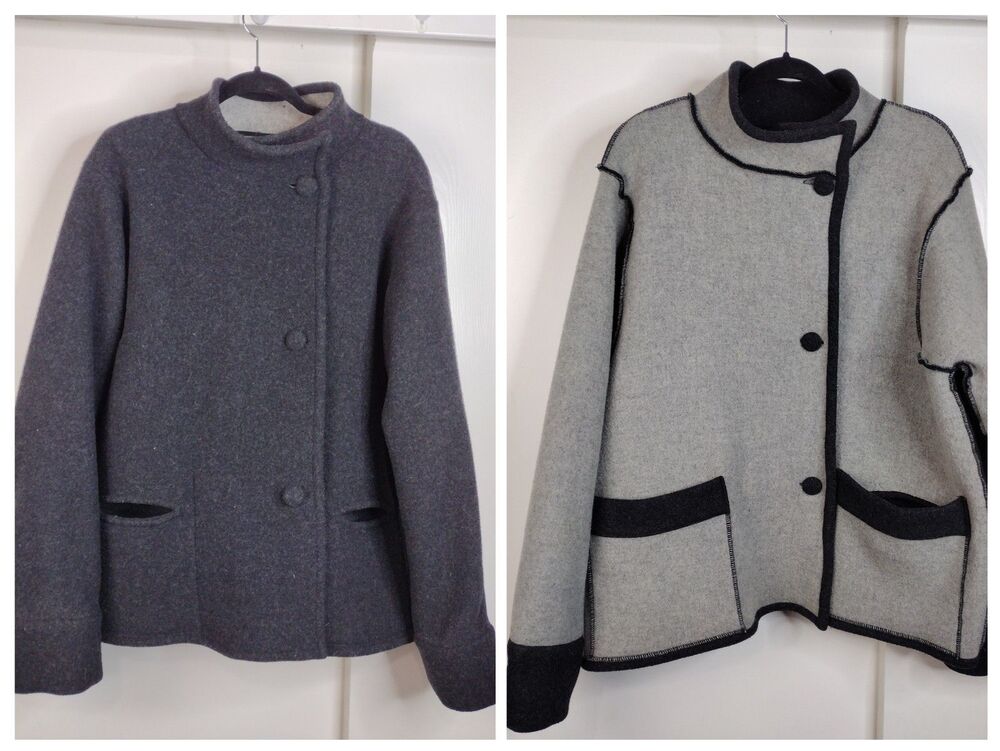 Vintage FLAX Jeanne Engelhart? 100% Wool Reversible Coat Jacket Sz M Black Grey